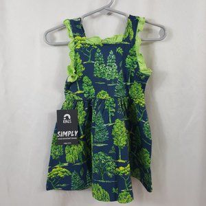 RAGS Blue Sleeveless Dress with Bright Green Trees and Ruffle Trim